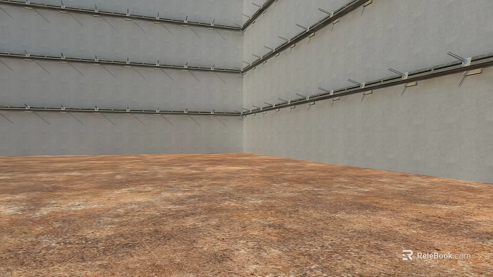 Gray Building Walls With Horizontal Metal Brackets And Rough Brown Floor Interior 3d model 