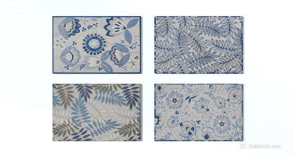 Square Rugs With Various Floral Leaf And Decorative Patterns In Blue Gray Tones 3d model