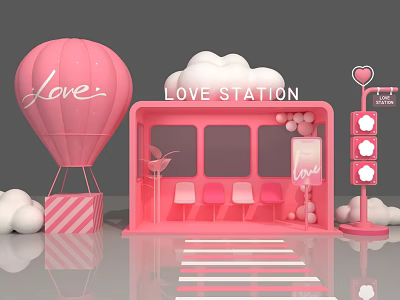Pink Romantic Photo Check In Spot Featuring Love Station Hot Air Balloon And Heart Decorations 3d model