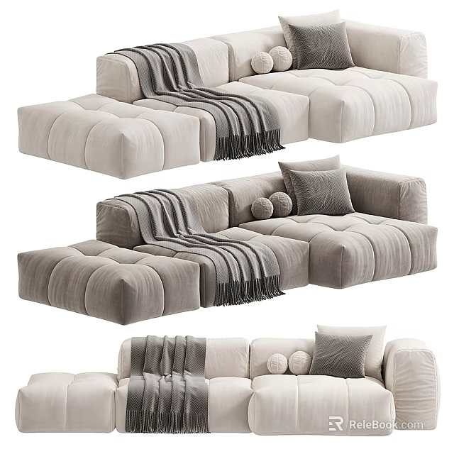 Modern Comfortable Sectional Sofa With Soft Fabric Throw Pillows And Cozy Blanket 3d model 