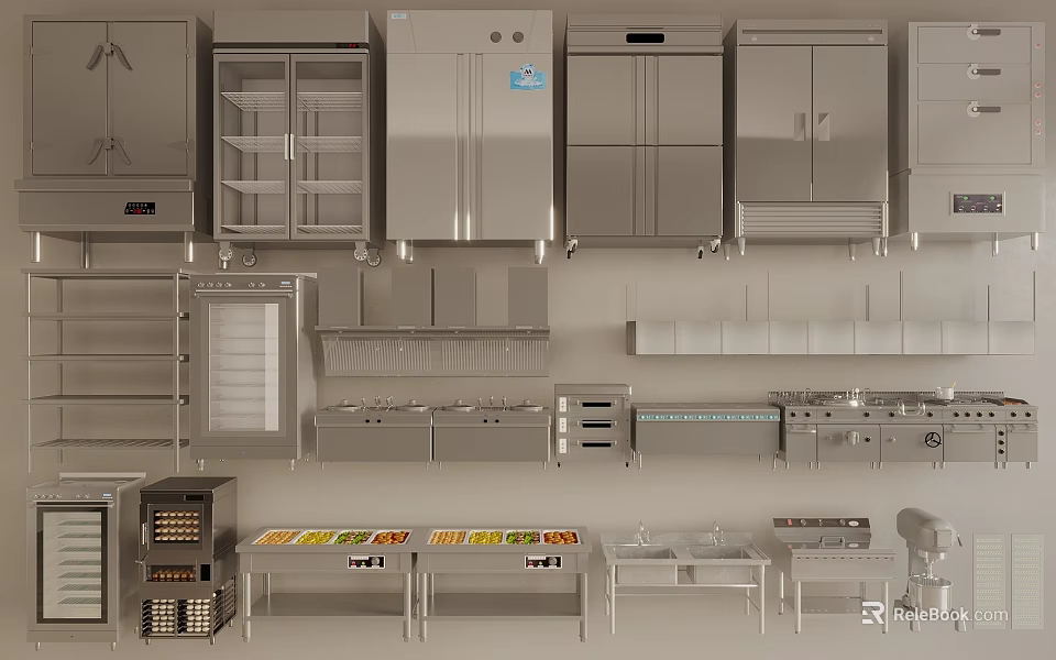 Professional Stainless Steel Kitchen Appliances With Refrigerators Ovens Stoves And Food Warmers 3d model 