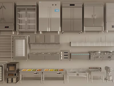 Professional Stainless Steel Kitchen Appliances With Refrigerators Ovens Stoves And Food Warmers 3d model