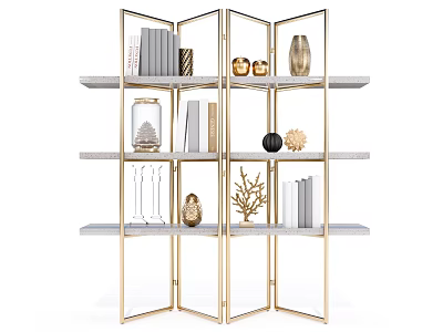 Modern Room Divider Shelf With Gold Frame Glass Panels And Decorative Items 3d model