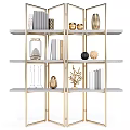 Modern Room Divider Shelf With Gold Frame Glass Panels And Decorative Items