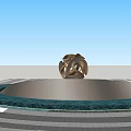 Golden Twisted Sculpture On Circular Lawn With Paved Area And Colorful Autumn Trees