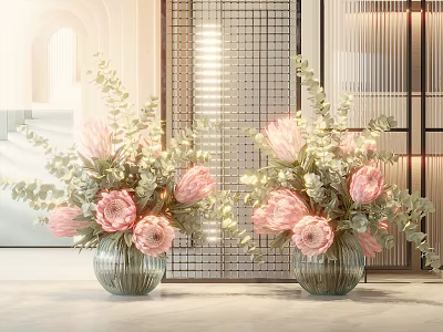 Elegant Glass Vases With Pink Flowers And Green Foliage In Modern Decorative Interior 3d model