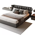 Modern Double Bed With Black Leather Headboard Pillows Bedding Nightstands Lamp And Rug
