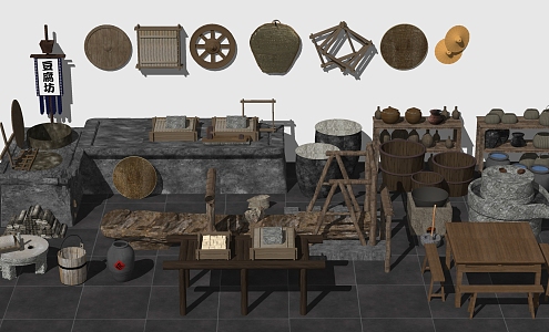 New Chinese-style Farm Tools Rural Tofu Square Stone Mill Stove Table and Chair Bench 3d model