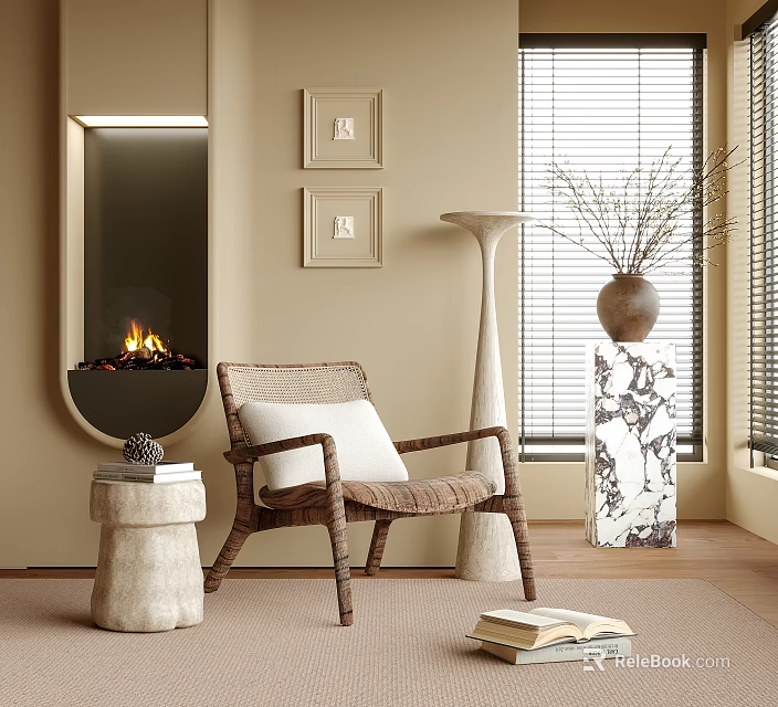 Cozy Accent Chair In Living Room With Fireplace Framed Art Floor Lamp And Window Blinds 3d model 