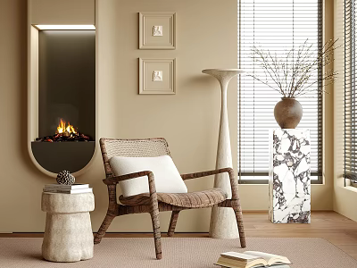 Cozy Accent Chair In Living Room With Fireplace Framed Art Floor Lamp And Window Blinds 3d model