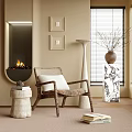 Cozy Accent Chair In Living Room With Fireplace Framed Art Floor Lamp And Window Blinds