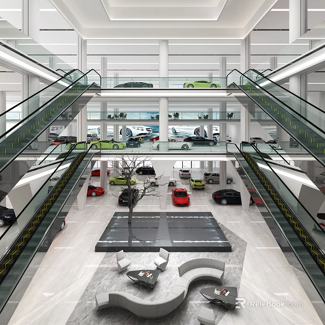 Modern Car Showroom Interior Design With Multi Level Glass Escalators And Parked Vehicles 3d model 