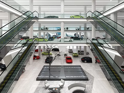 Modern Car Showroom Interior Design With Multi Level Glass Escalators And Parked Vehicles 3d model