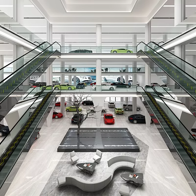 Modern Car Showroom Interior Design With Multi Level Glass Escalators And Parked Vehicles 3d model