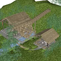 Traditional Thatched Roof Buildings With Watermill In Bamboo And Green Grass Setting