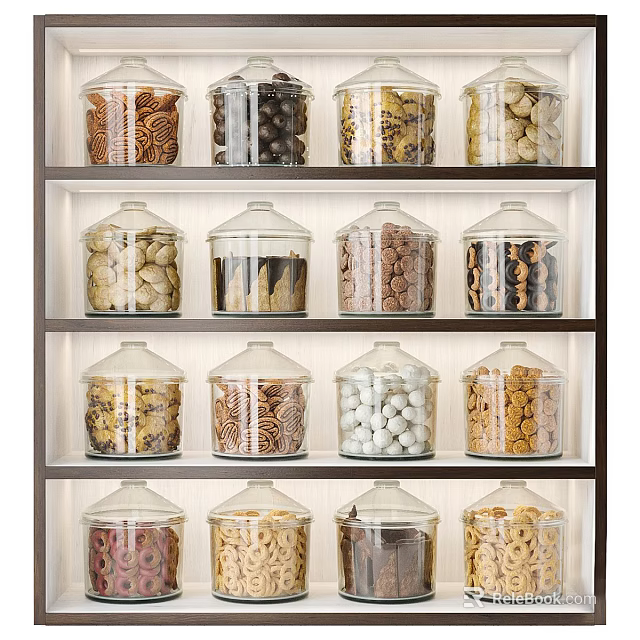 Glass Spice Jars Neatly Arranged On Wooden Shelves With Various Dried Ingredients 3d model 