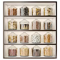 Glass Spice Jars Neatly Arranged On Wooden Shelves With Various Dried Ingredients