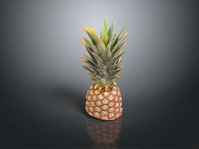 Fresh Ripe Pineapple With Green Leafy Top On Black Surface With Reflection 3d model