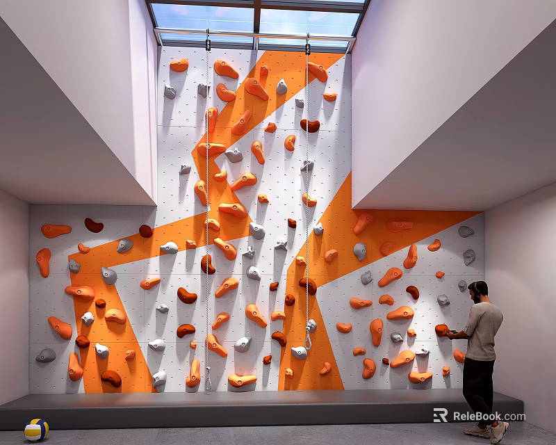 Indoor Climbing Wall With Orange Gray Holds And Skylight Near Person 3d model 