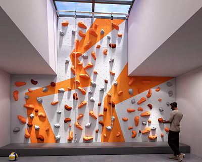 Indoor Climbing Wall With Orange Gray Holds And Skylight Near Person 3d model