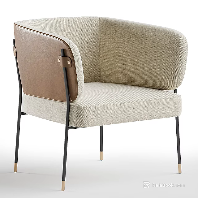 Modern Beige Fabric Armchair With Brown Leather Armrests And Black Metal Legs 3d model 