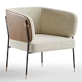 Modern Beige Fabric Armchair With Brown Leather Armrests And Black Metal Legs