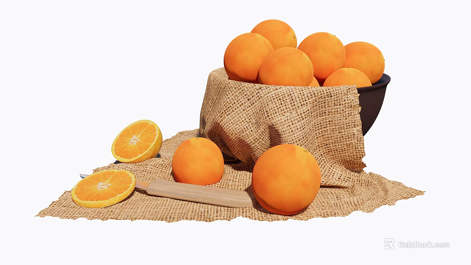 Ceramic Bowl Filled With Fresh Oranges On Burlap Cloth With Sliced Oranges And Wooden Knife 3d model 