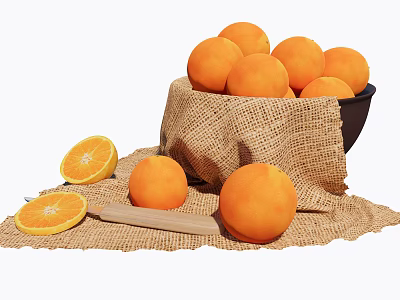Ceramic Bowl Filled With Fresh Oranges On Burlap Cloth With Sliced Oranges And Wooden Knife 3d model
