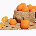 Ceramic Bowl Filled With Fresh Oranges On Burlap Cloth With Sliced Oranges And Wooden Knife