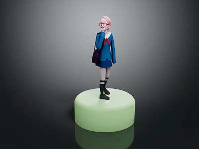 Pink Haired 3D Character In Blue Uniform With Red Bowtie And Purple Bag On Green Circular Base 3d model