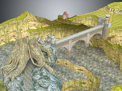 Natural Scenic Landscape With Rocky Mountains Stone Bridge And Twisted Tree Roots 3d model