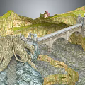 Natural Scenic Landscape With Rocky Mountains Stone Bridge And Twisted Tree Roots