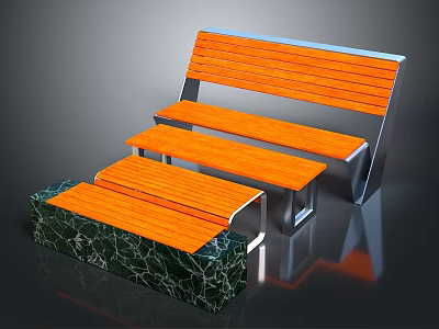Stepped Bench Design With Orange Wooden Planks Metal Frame And Marble Base 3d model