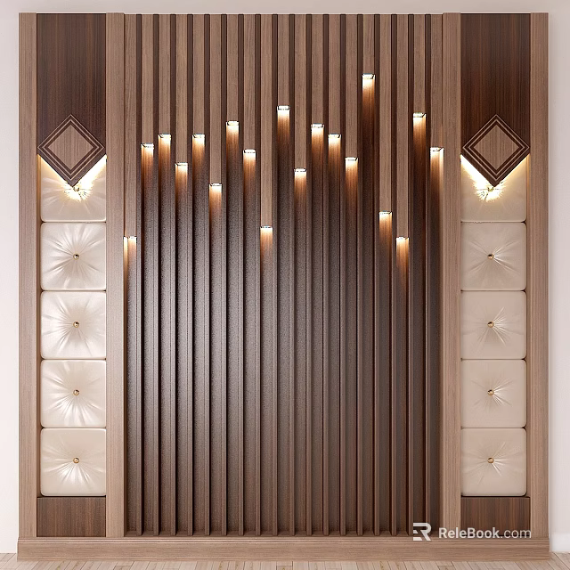 Modern Elegant Wall Decor With Wooden Vertical Stripes Tufted Panels And Recessed Lighting 3d model 