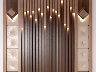 Modern Elegant Wall Decor With Wooden Vertical Stripes Tufted Panels And Recessed Lighting 3d model