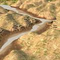 Scenic 3D Terrain Scene With River Arch Bridge Rocky Hills And Stone Terraces