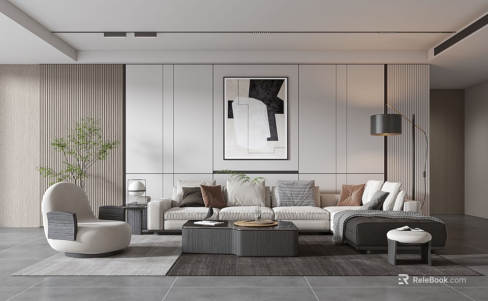 Modern Living Room Interior Design With Sofa Coffee Table Artwork And Floor Lamp 3d model 