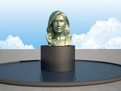 Bronze Female Head Landscape Sculpture on Black Pedestal with Circular Water Pool under Blue Sky 3d model