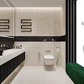 Modern Bathroom Interior With Marble Tiles Toilet Green Bench And Frosted Glass Shower