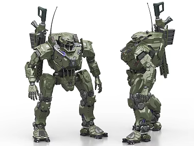 Smart Machine Green Mechanical Robot With Military Armor And Weapons Front Back View 3d model