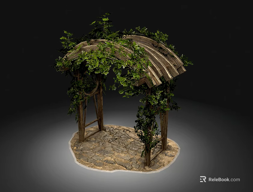 Rustic Wooden Garden Archway Structure With Climbing Vines Green Leaves And Stone Paving 3d model 