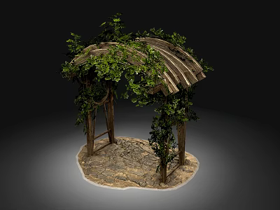 Rustic Wooden Garden Archway Structure With Climbing Vines Green Leaves And Stone Paving 3d model