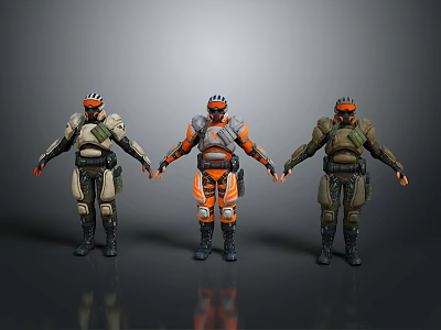 Three Characters In Different Colored Armor Suits With Helmets And Protective Gear 3d model