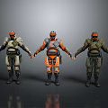 Three Characters In Different Colored Armor Suits With Helmets And Protective Gear