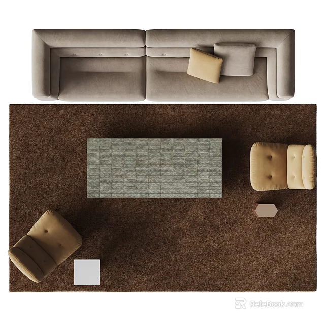 Beige Sofa And Stone Coffee Table Set With Brown Rug Accent Cushions And Armchairs 3d model 