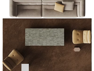 Beige Sofa And Stone Coffee Table Set With Brown Rug Accent Cushions And Armchairs 3d model