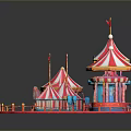 Vibrant Amusement Park Scene With Heart Shaped Area Red White Striped Tents Carousel And Flags
