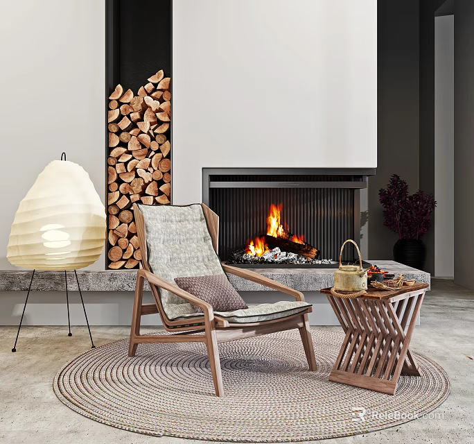 Cozy Wooden Lounge Chair Near Fireplace With Firewood Lamp And Side Table 3d model 