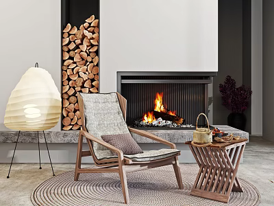 Cozy Wooden Lounge Chair Near Fireplace With Firewood Lamp And Side Table 3d model