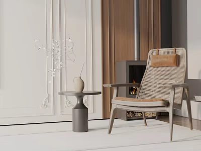 Cozy Woven Lounge Chair With Beige Cushion And Side Table In Modern Living Space 3d model